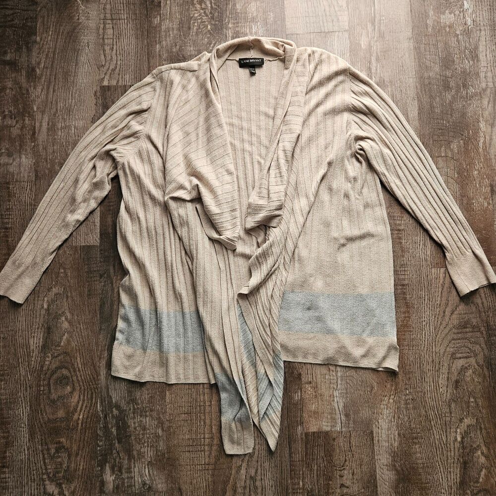 Lane Bryant Oatmeal Waterfall Cardigan w/ Blue Stripe